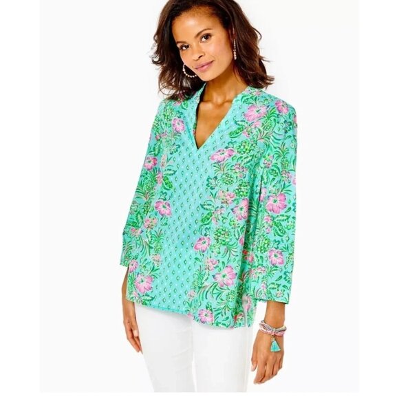 Lilly Pulitzer Dresses & Skirts - Lilly Pulitzer "Oh Diamond Girl" Luna Bay Tunic Surf Blue Floral Print Women's L